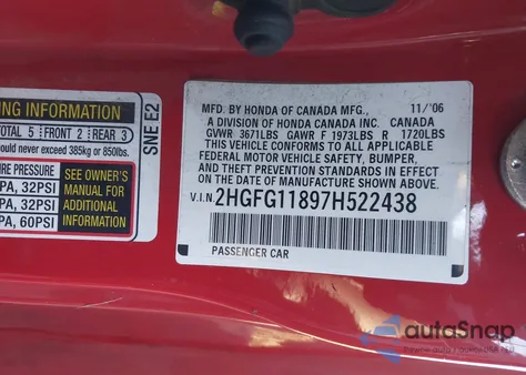 2007 Honda Civic Ex from USA, damaged, VIN 2HGFG11897H522438